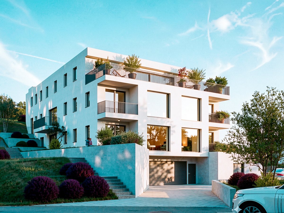 Neubau Mehrfamilienhaus Neuffen – moderne Fassade auf Hanglage